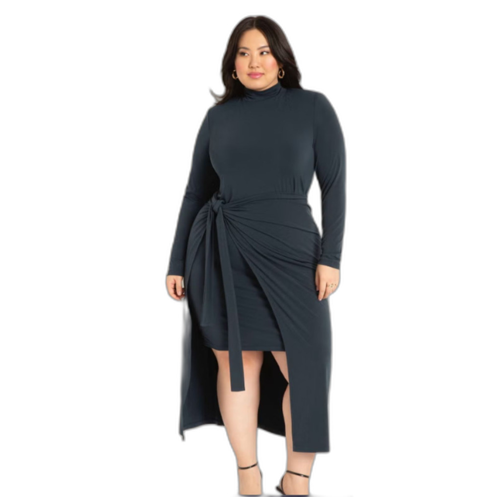 Eloquii Mockneck Knit Dress With Wrapover Skirt, Size 22/24, in Blueberry